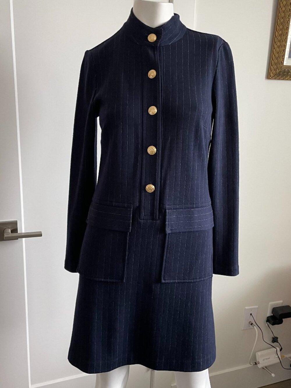 Judith & Charles Modern Classic Pinstripe Wool Viscose Blend Dress Navy Wht 4
